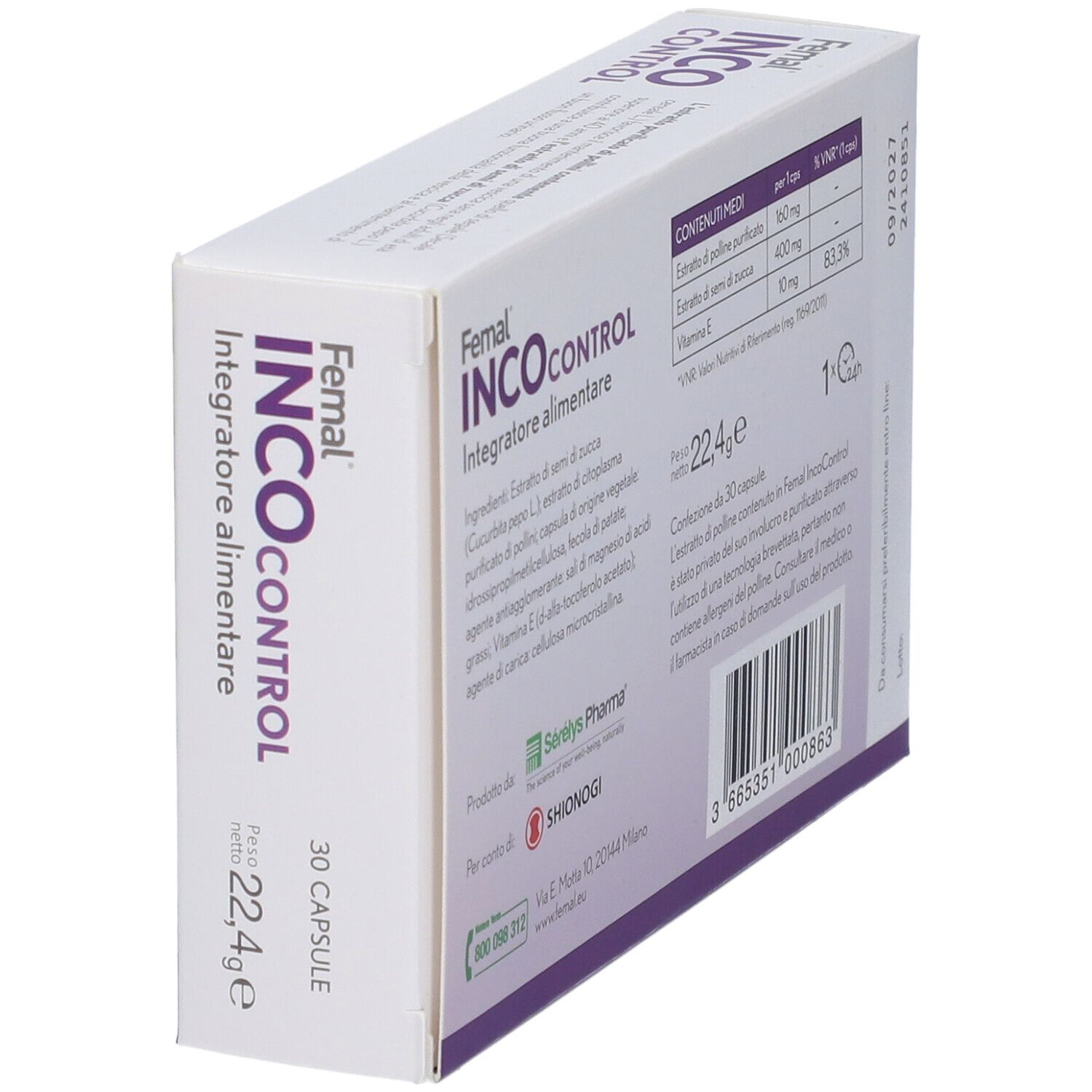 Femal INCOcontrol-Schachtel, schräg. Rückseite mit Inhaltsstoffen, Nährwertangaben und Herstellerinformationen.