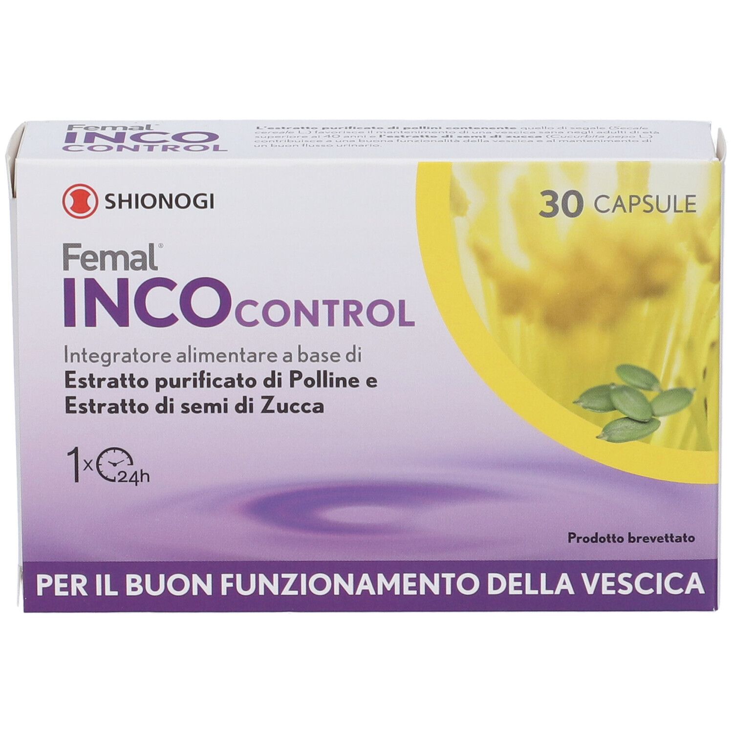 Femal INCOcontrol-Schachtel. Aufschrift: 30 Kapseln. Enthält Pollen- und Kürbiskernextrakt. Marke Shionogi.