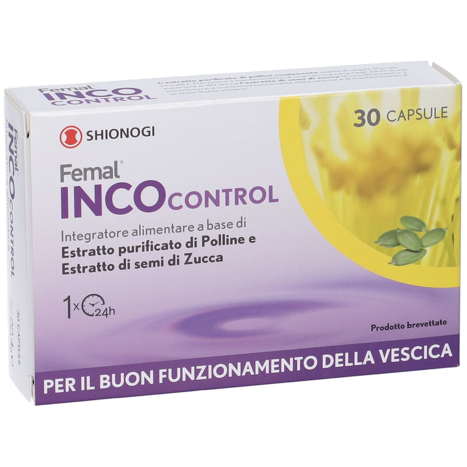 Femal INCOcontrol-Schachtel. Aufschrift: 30 Kapseln. Enthält Pollen- und Kürbiskernextrakt. Marke Shionogi.