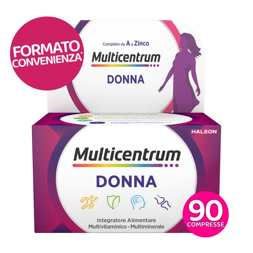 Multicentrum Donna, 90 compresse. Integratore alimentare per donne. Confezione viola e bianca.