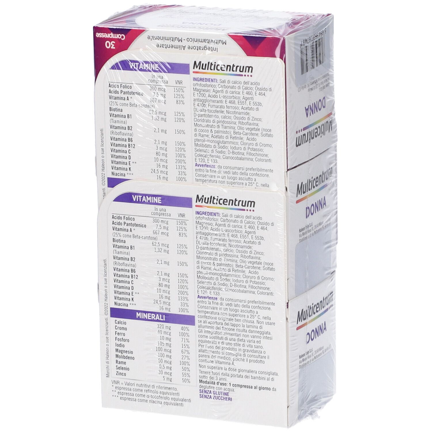 Tre confezioni Multicentrum Donna. Ogni confezione contiene 30 compresse. Vista posteriore con ingredienti.