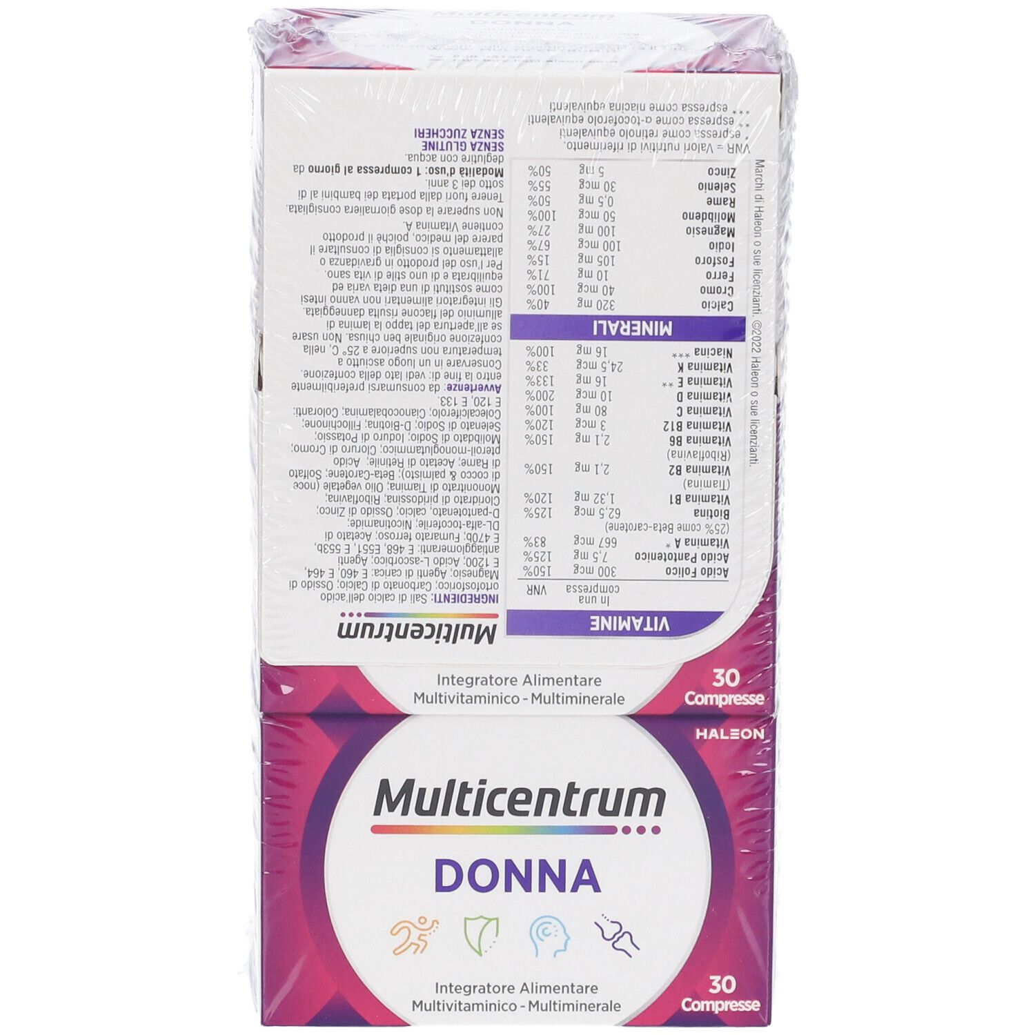 Due confezioni Multicentrum Donna. Ogni confezione contiene 30 compresse. Vista posteriore con informazioni nutrizionali.