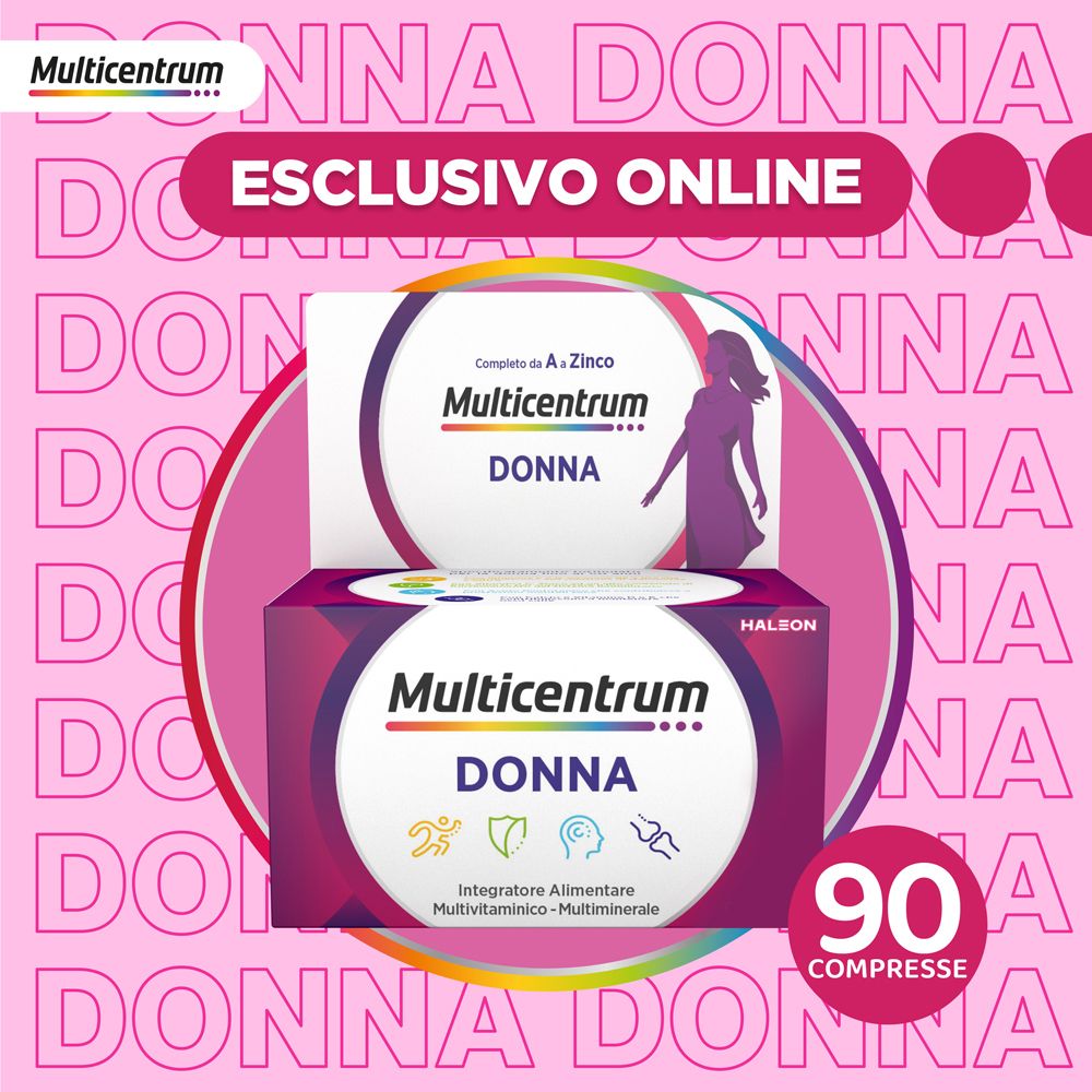 Multicentrum Donna, 90 compresse. Esclusiva online. Design viola e bianco.
