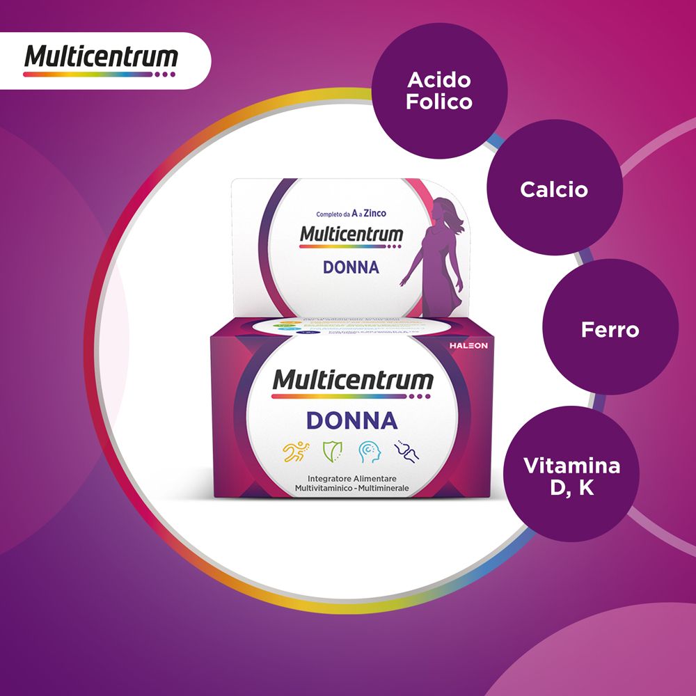 Multicentrum Donna. Vitamine e minerali. Contiene acido folico, calcio, ferro, vitamina D, K. Sfondo viola.