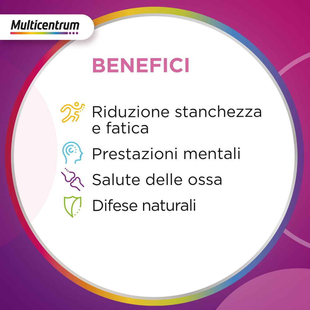 Benefici: Riduzione stanchezza, prestazioni mentali, salute delle ossa, difese naturali. Sfondo viola.