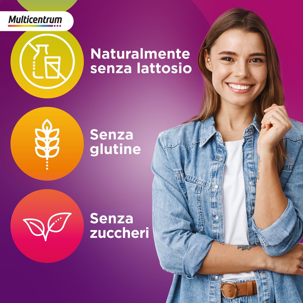 Donna sorridente. Caratteristiche: Senza lattosio, senza glutine, senza zuccheri. Sfondo viola.