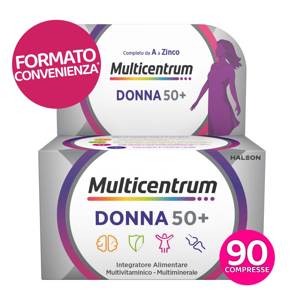 Confezione Multicentrum Donna 50+. Contiene 90 compresse. Logo e scritte visibili.