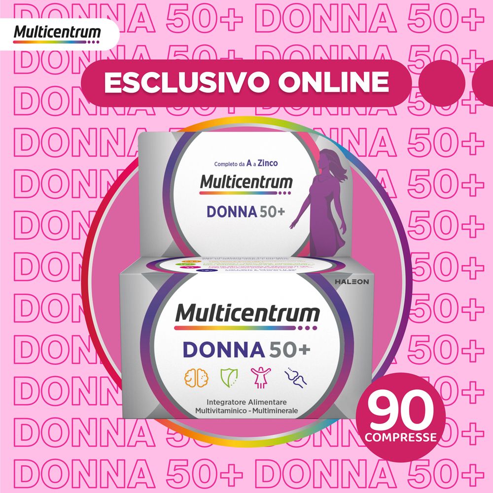 Confezione Multicentrum Donna 50+. Contiene 90 compresse. Logo e scritte visibili.