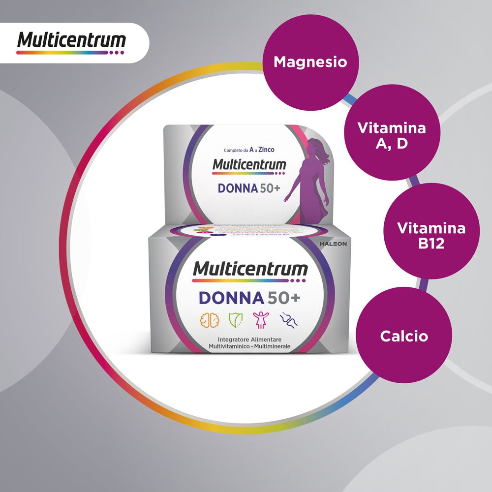 Confezione Multicentrum Donna 50+. Vitamine e minerali. Logo e testo.