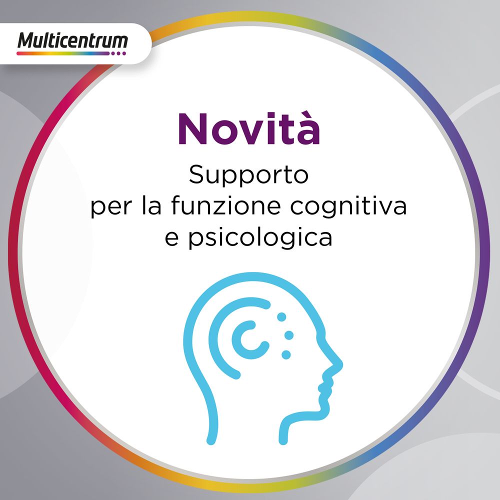Cerchio con testo: Novità. Supporto per la funzione cognitiva e psicologica.