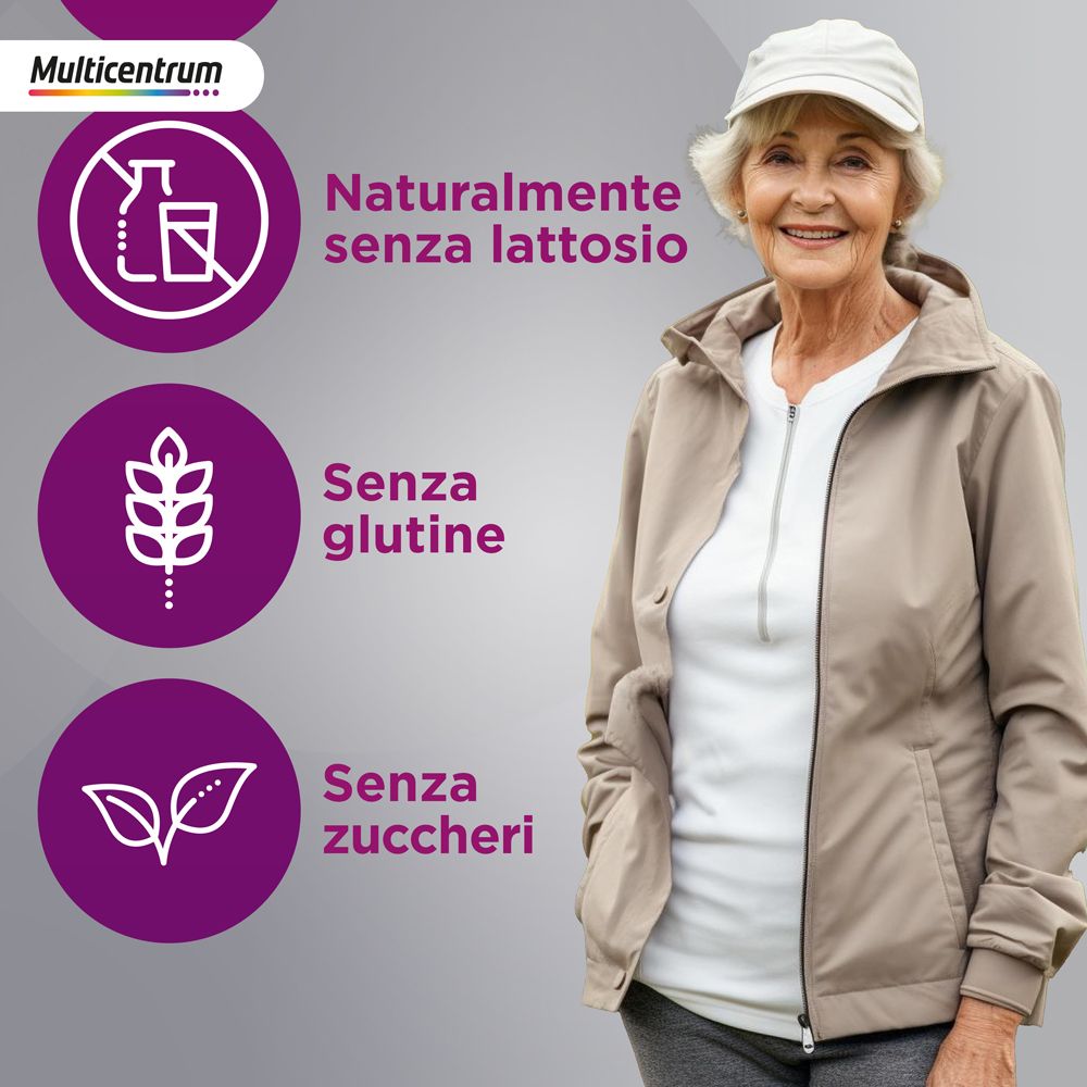Donna anziana. Testo: Senza lattosio, glutine e zuccheri.