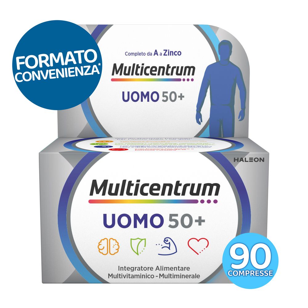 Confezione Multicentrum Uomo 50+. Contiene 90 compresse. Logo e nome del prodotto visibili.