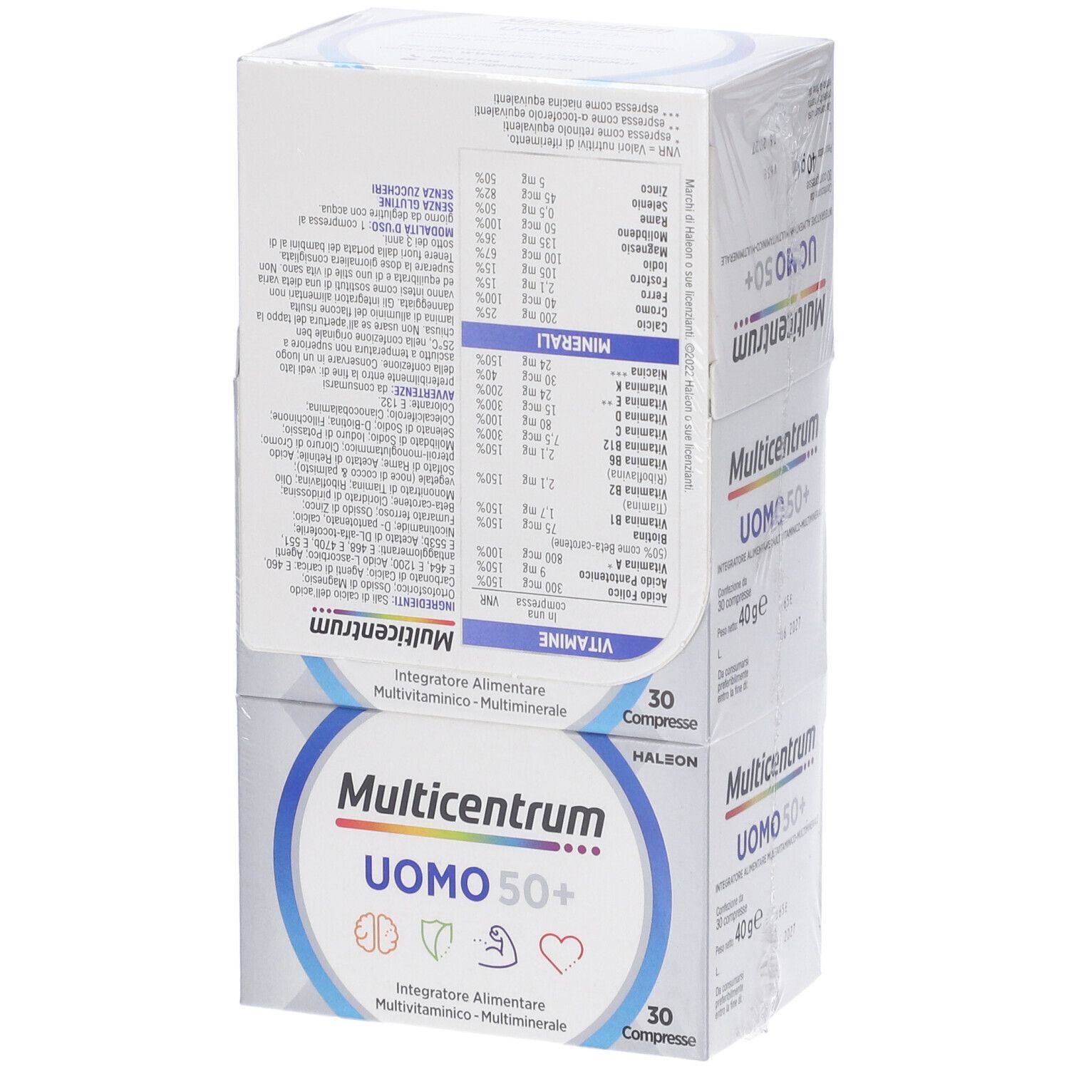Tre confezioni impilate Multicentrum Uomo 50+. Retro con informazioni nutrizionali e ingredienti.