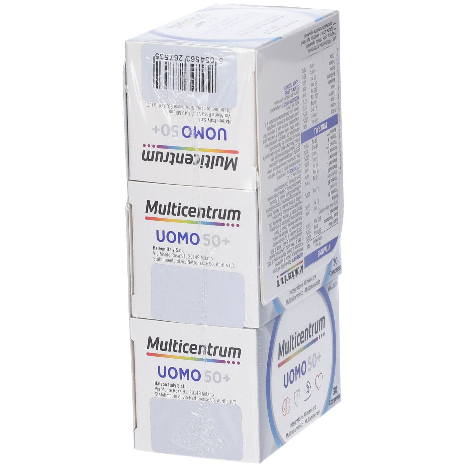 Tre confezioni impilate Multicentrum Uomo 50+. Vista laterale con codice a barre e informazioni.