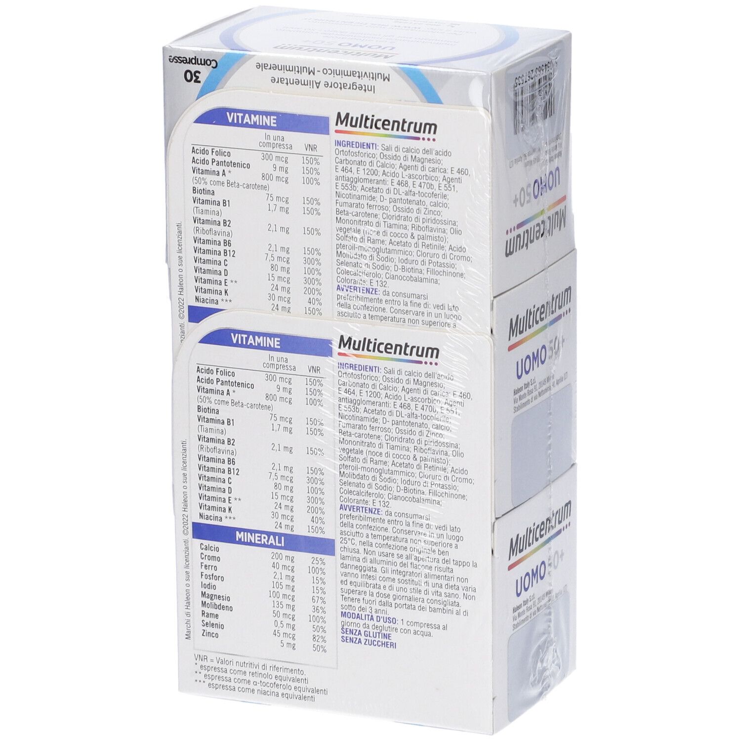 Tre confezioni impilate Multicentrum Uomo 50+. Retro con informazioni nutrizionali e ingredienti.