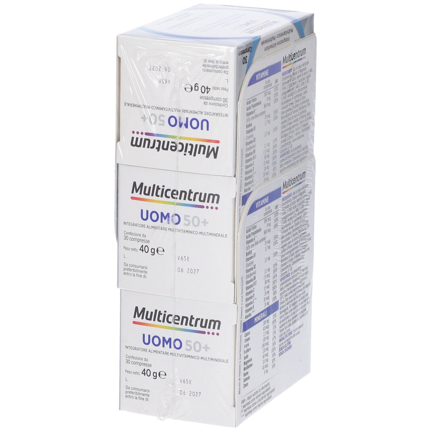 Tre confezioni impilate Multicentrum Uomo 50+. Vista laterale con informazioni nutrizionali e ingredienti.