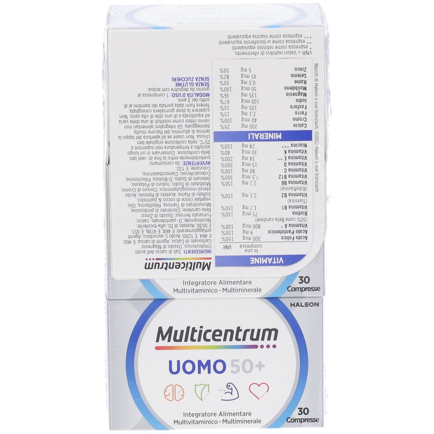 Confezione Multicentrum Uomo 50+. Retro con informazioni nutrizionali e ingredienti.