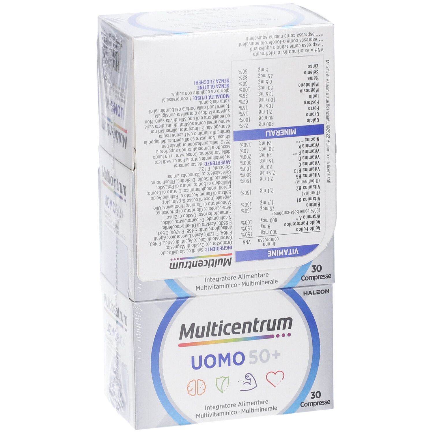 Confezione Multicentrum Uomo 50+. Retro con informazioni nutrizionali e ingredienti.