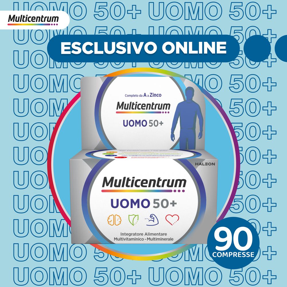 Confezione Multicentrum Uomo 50+. 90 compresse. Esclusiva online. Logo e nome del prodotto.