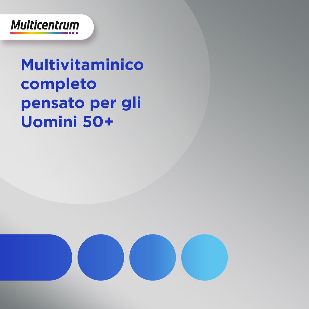 Testo: Multivitaminico completo pensato per gli Uomini 50+. Logo Multicentrum.