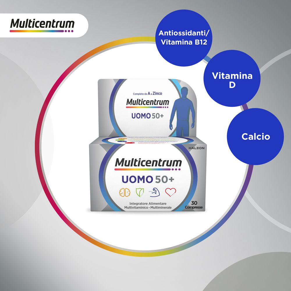 Confezione Multicentrum Uomo 50+. 30 compresse. Vitamina D e Calcio. Logo e nome.