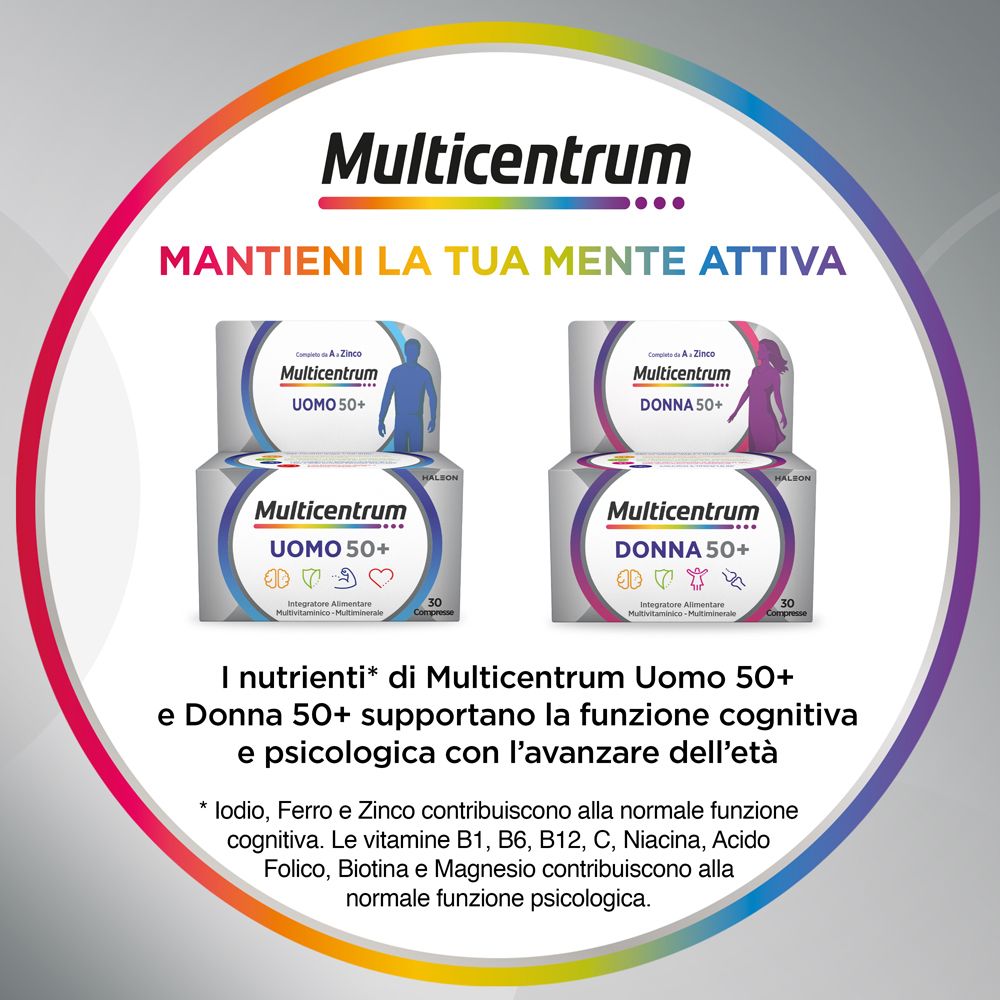 Confezioni Multicentrum Uomo 50+ e Donna 50+. 30 compresse. Testo sulla funzione cognitiva.