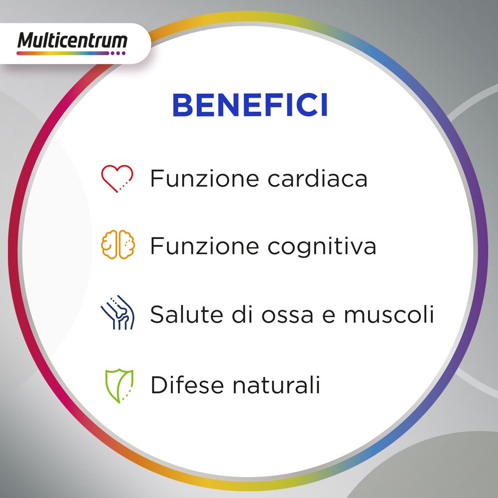 Grafico circolare con benefici: funzione cardiaca, cognitiva, salute di ossa e muscoli.