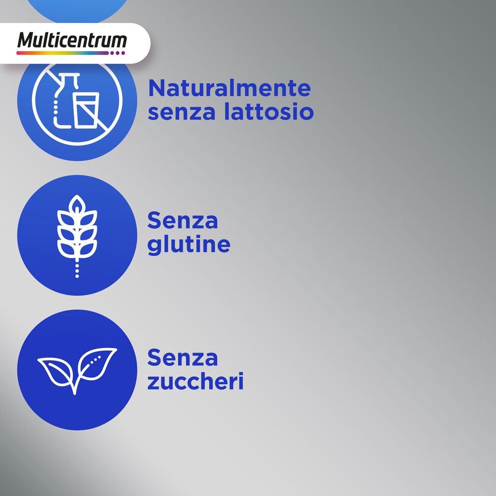 Grafico con simboli: senza lattosio, senza glutine, senza zuccheri. Logo Multicentrum.