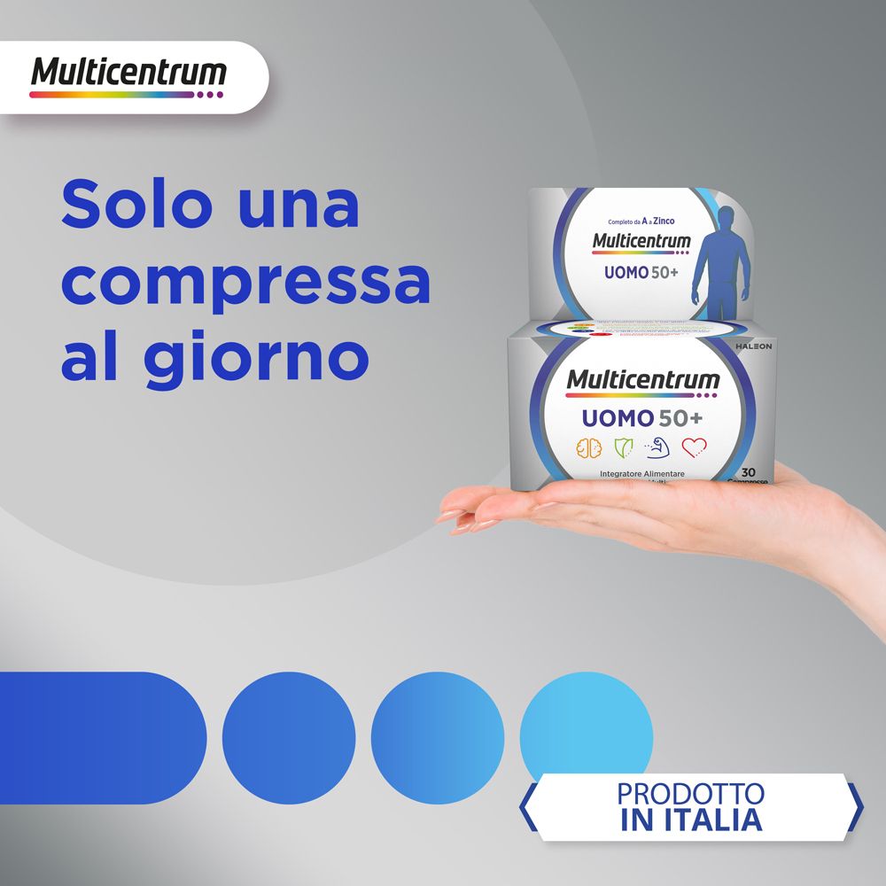 Confezione Multicentrum Uomo 50+ in mano. Testo: Solo una compressa al giorno. Prodotto in Italia.