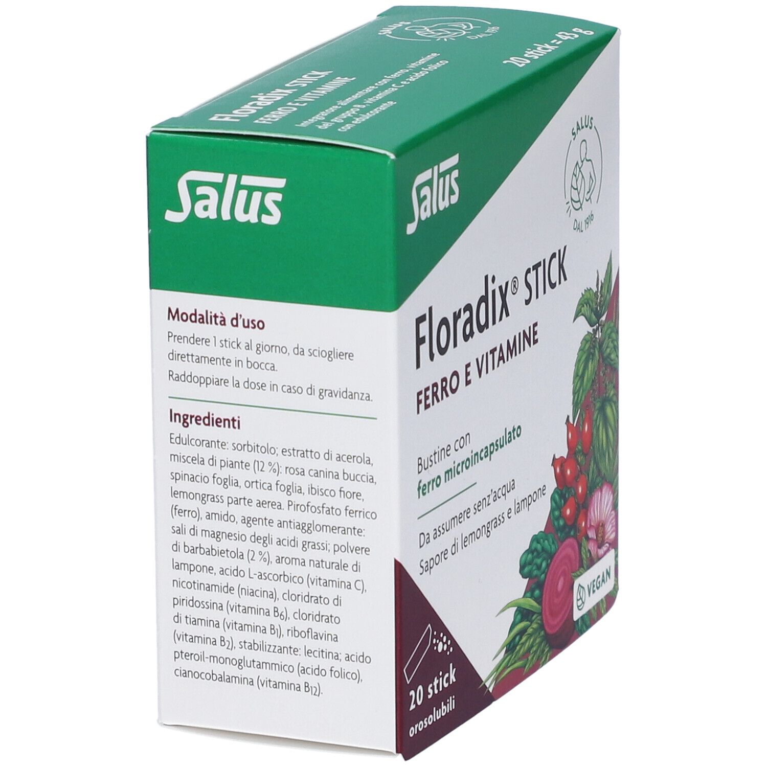 Grüne Schachtel, Salus Floradix Stick. Text: Ferro e Vitamine, Inhaltsstoffe, Anwendung. Illustration von Pflanzen.