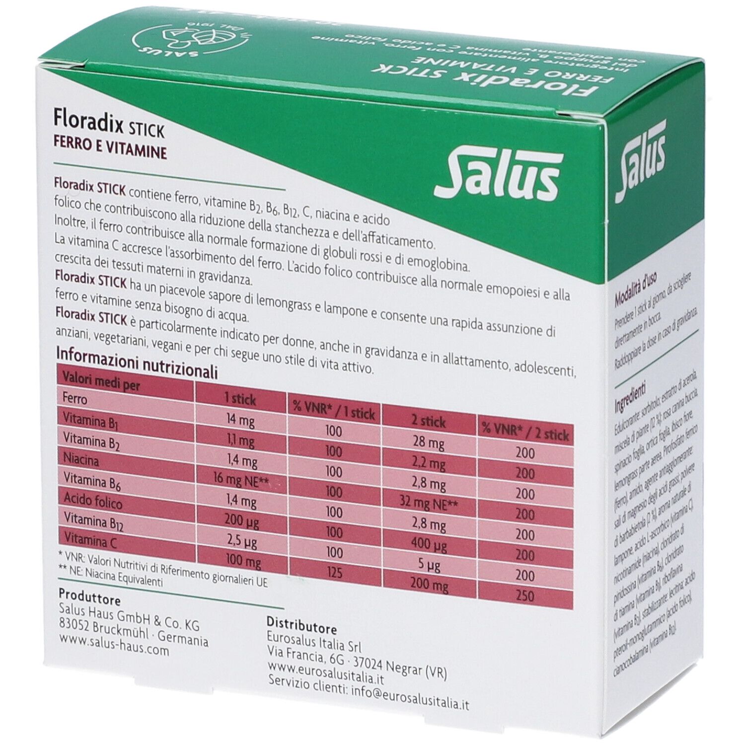 Grüne Schachtel, Salus Floradix Stick. Text: Ferro e Vitamine, Nährwertangaben. Tabelle mit Vitaminen und Mineralien.