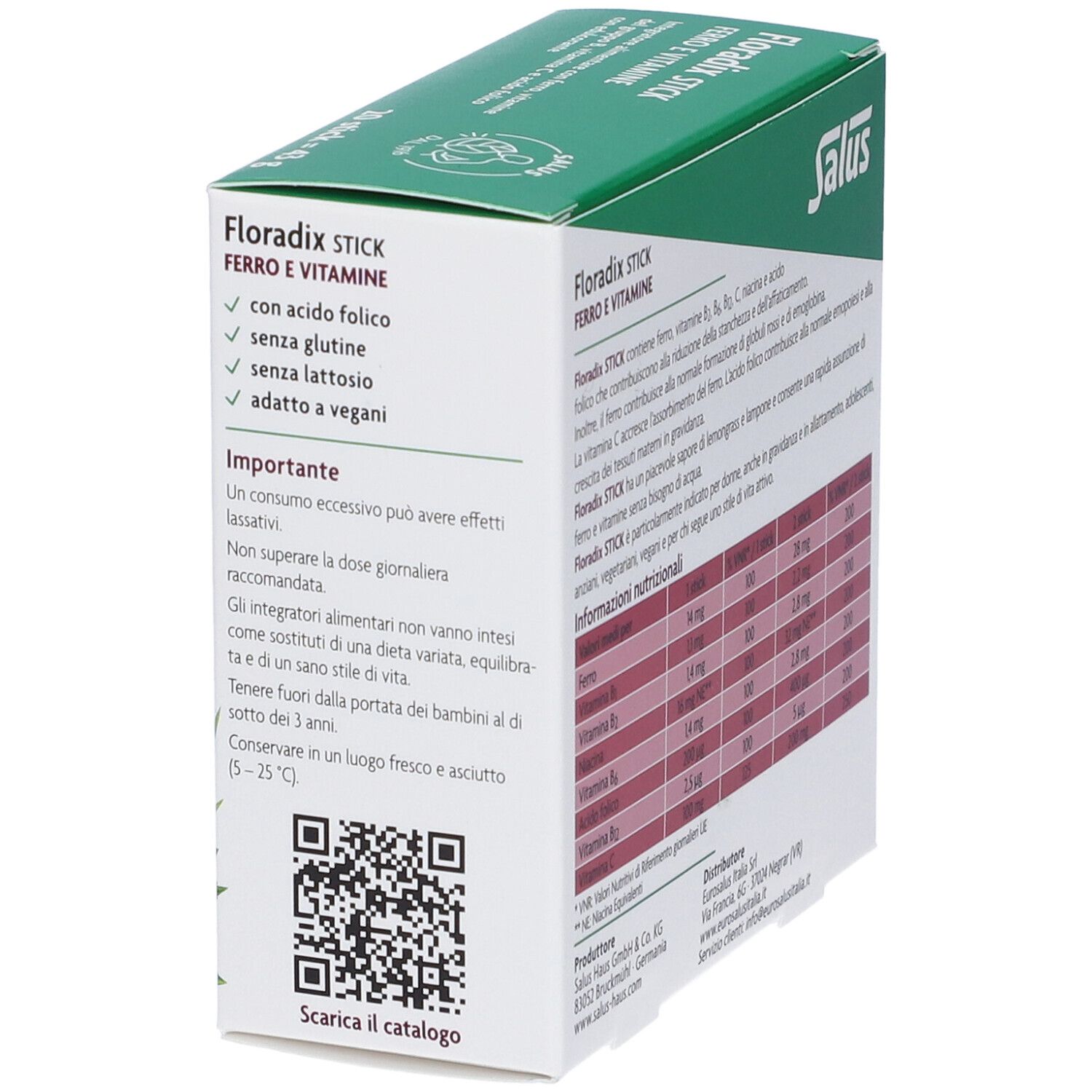 Grüne Schachtel, Salus Floradix Stick. Text: Ferro e Vitamine, mit Folsäure, glutenfrei, laktosefrei, vegan. QR-Code.
