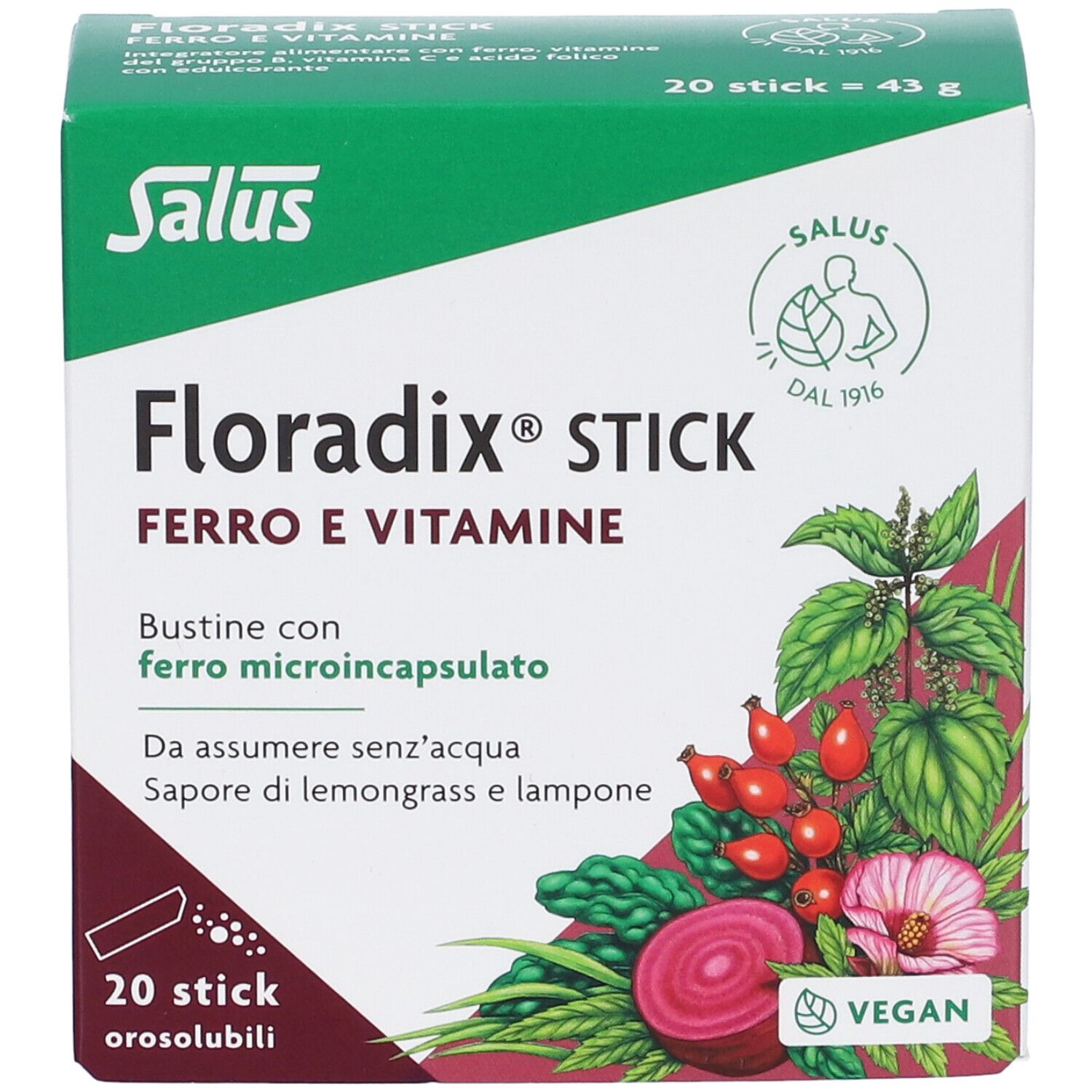 Grüne Schachtel, Salus Floradix Stick. Aufdruck: Ferro e Vitamine, 20 Stick, vegan. Illustration von Pflanzen.