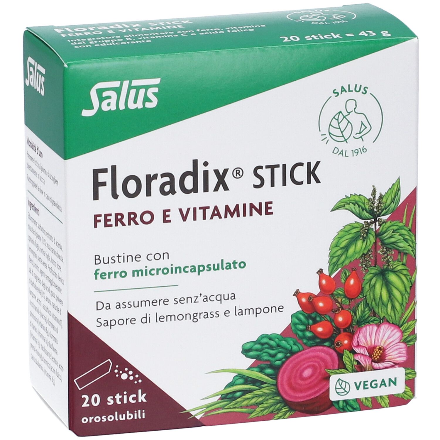 Grüne Schachtel, Salus Floradix Stick. Aufdruck: Ferro e Vitamine, 20 Stick, vegan. Illustration von Pflanzen.