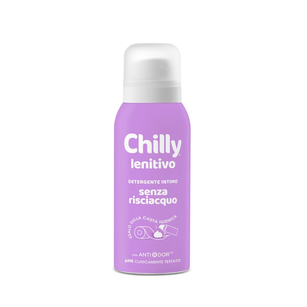 Chilly lenitivo: Intimreiniger ohne Spülung in lila Aerosoldose mit weißem Deckel. Anti Odor.