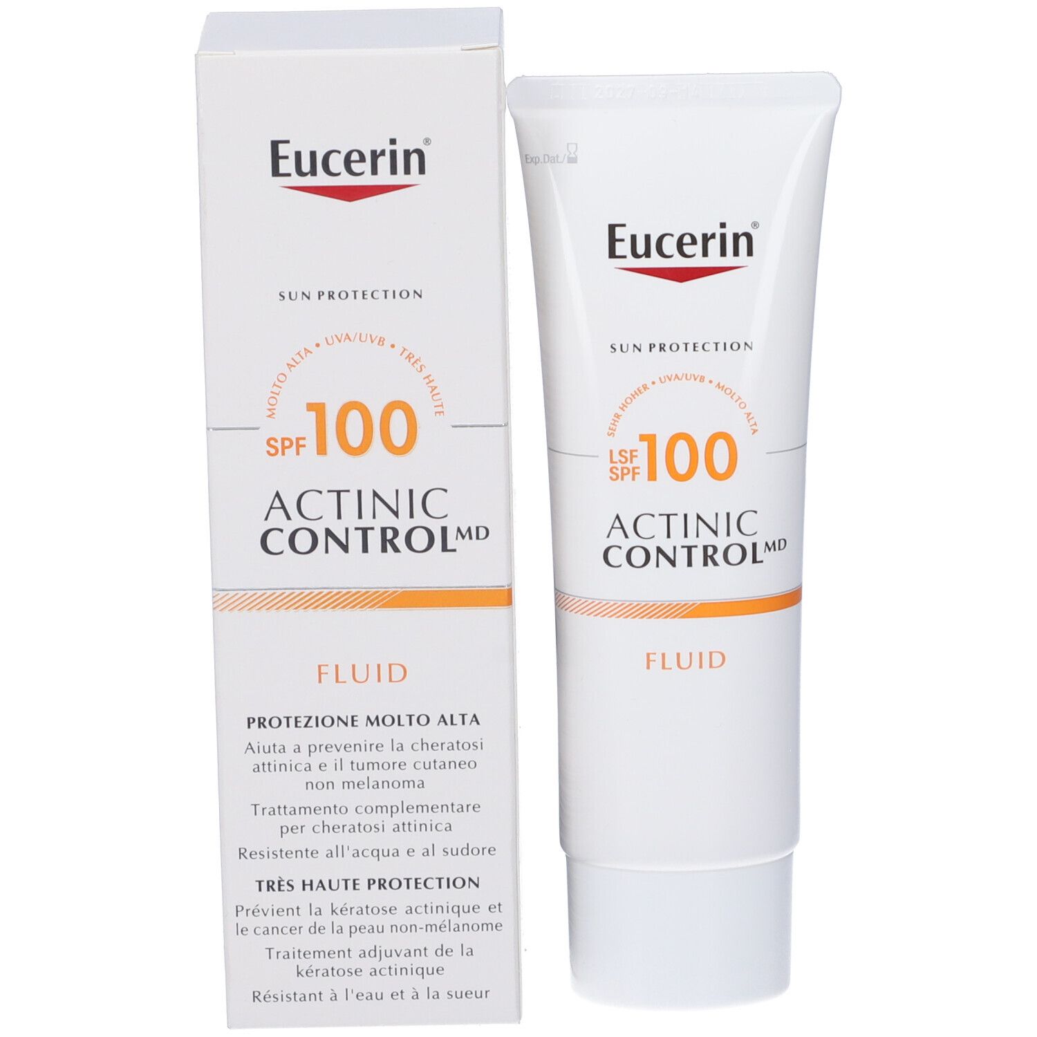 Produktverpackung mit Tube und Schachtel. Eucerin-Logo, Sun Protection, LSF 100, Actinic Control MD, Fluid.