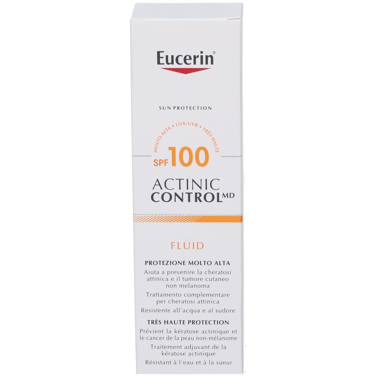 Weiße Schachtel mit Eucerin-Logo. Text: Sun Protection, LSF 100, Actinic Control MD, Fluid. Schutz vor Hautkrebs.