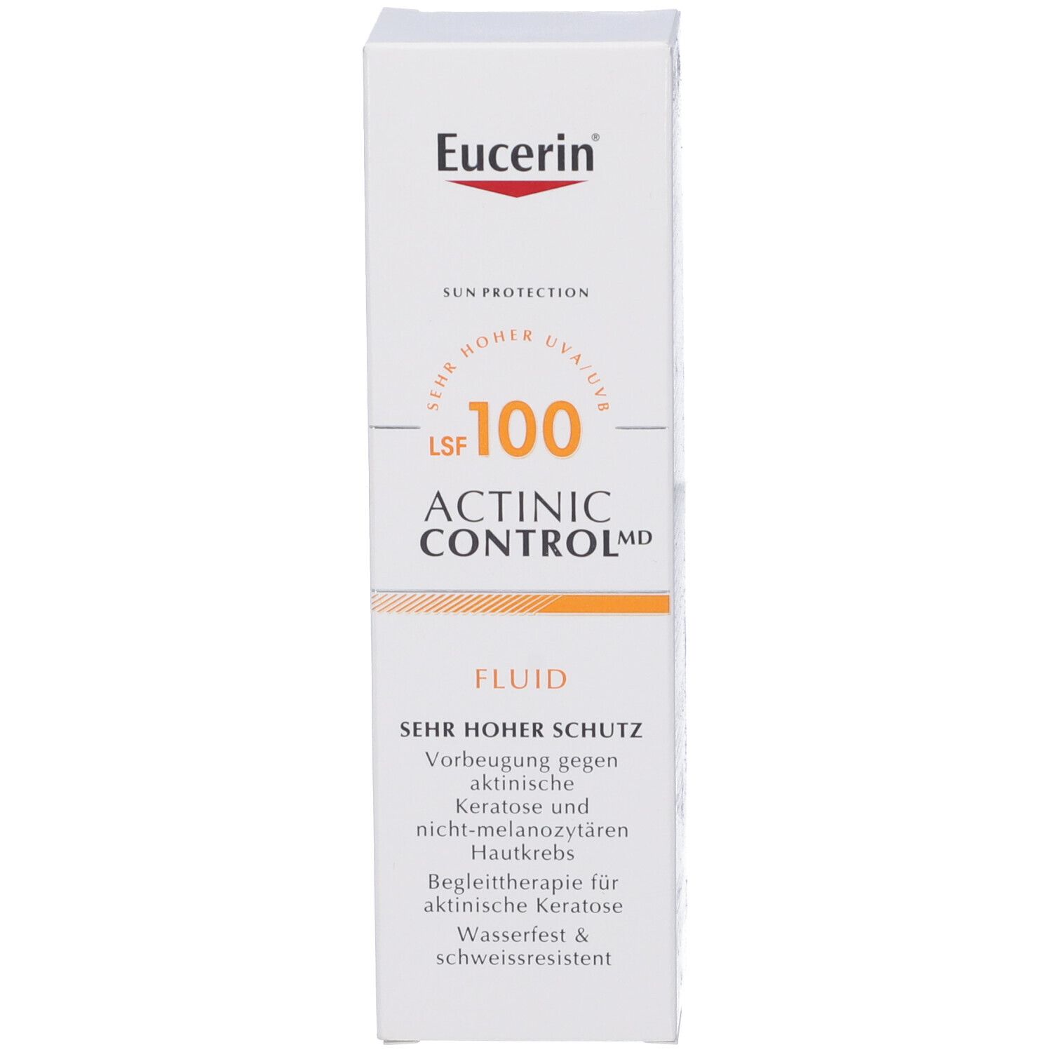 Weiße Schachtel mit Eucerin-Logo. Text: Sehr hoher Schutz, LSF 100, Actinic Control MD, Fluid. Vorbeugung gegen Hautkrebs.