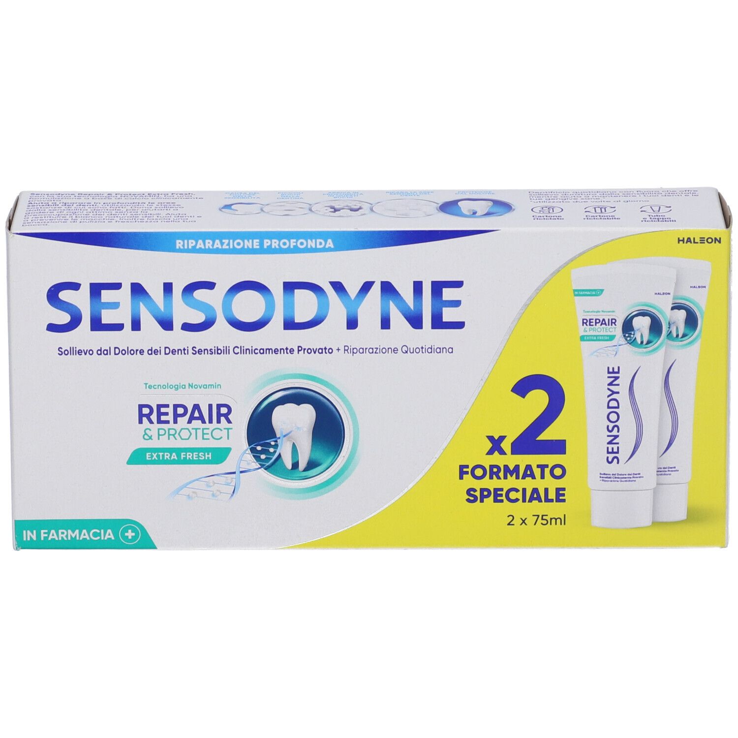 Zwei Tuben Sensodyne Repair & Protect Zahnpasta, je 75ml, in einer Packung.