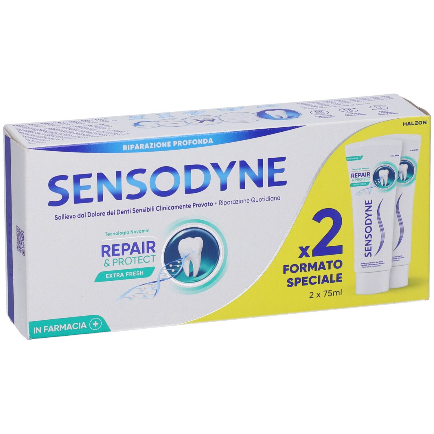 Zwei Tuben Sensodyne Repair & Protect Zahnpasta, 75ml jede, in einer Packung.