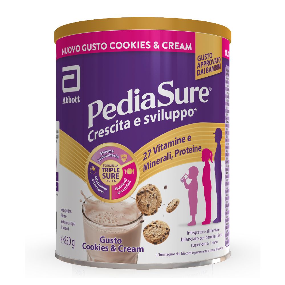 Lattina PediaSure Crescita & Sviluppo, Cookies & Cream. Contiene 27 vitamine e minerali. Marchio Abbott.