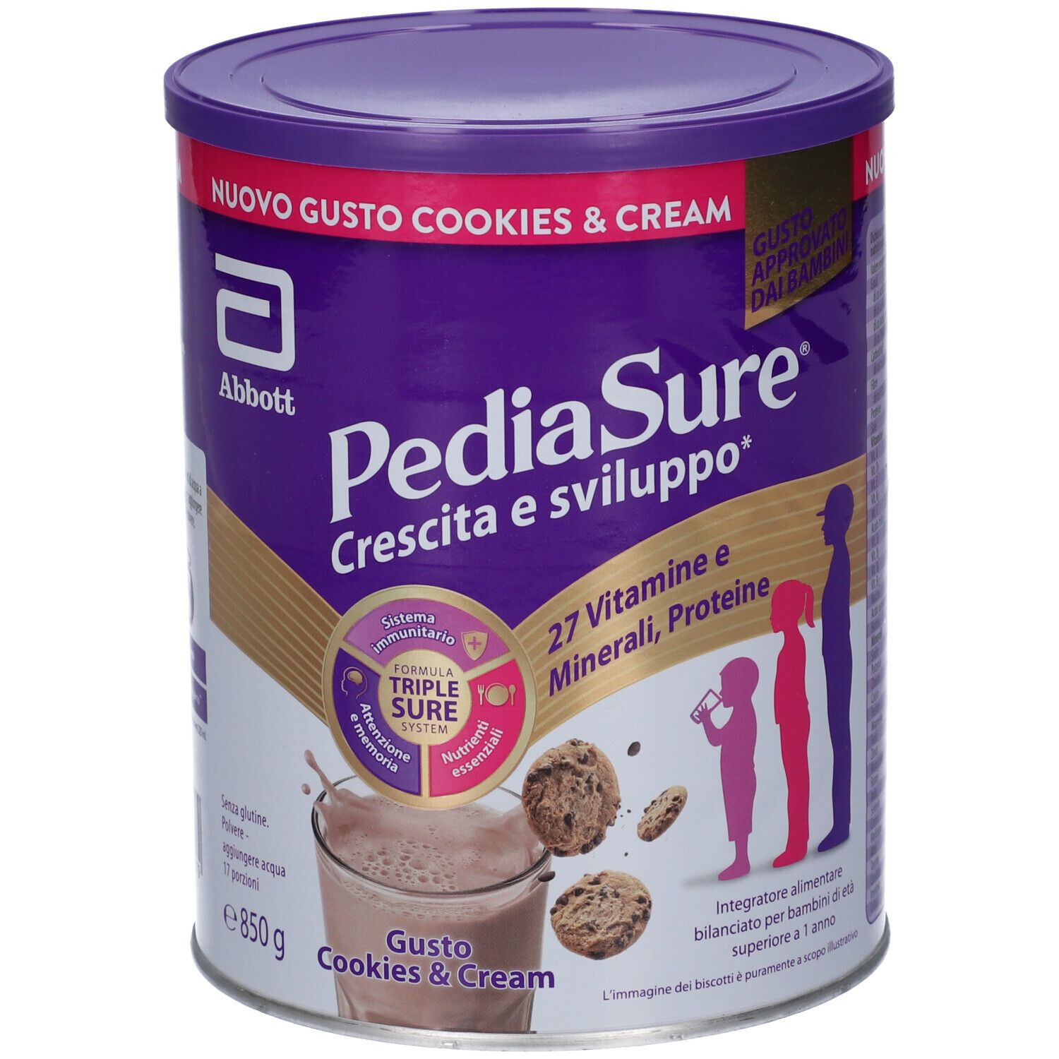 Lattina PediaSure, Cookies & Cream. Contiene 27 vitamine e minerali. Marchio Abbott. 850g.