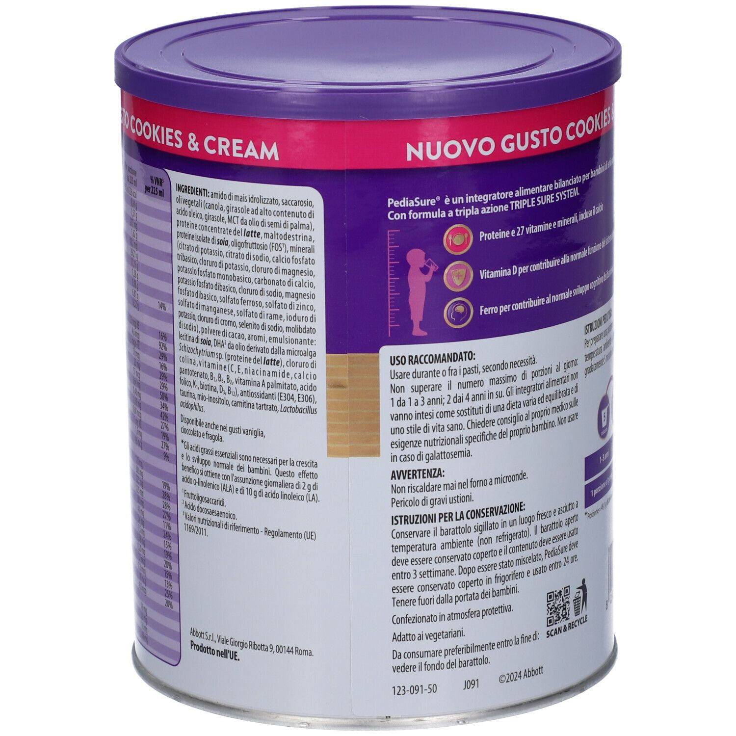 Retro della lattina PediaSure. Elenco ingredienti, istruzioni per l'uso e avvertenze. Marchio Abbott.