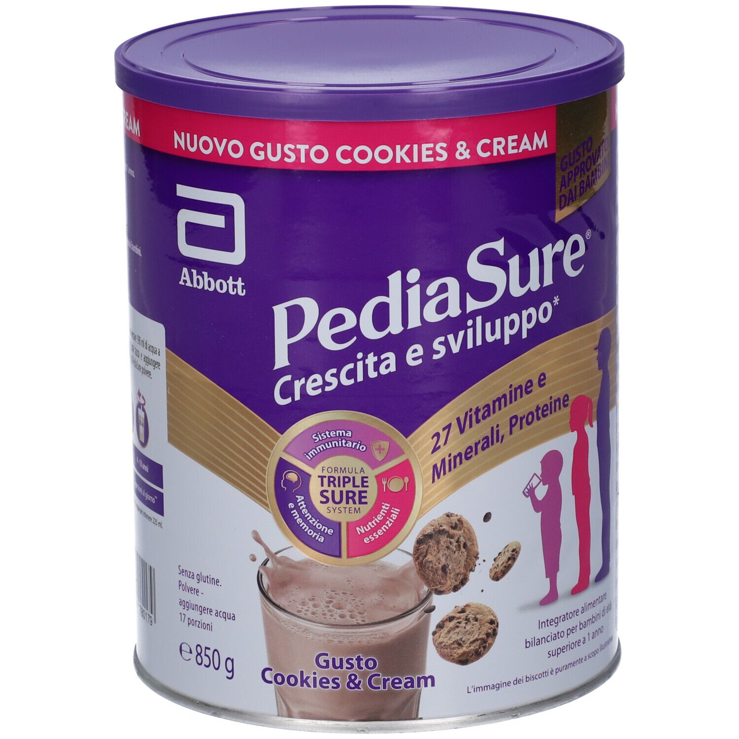 Lattina PediaSure, Cookies & Cream. Contiene 27 vitamine e minerali. Marchio Abbott. 850g.