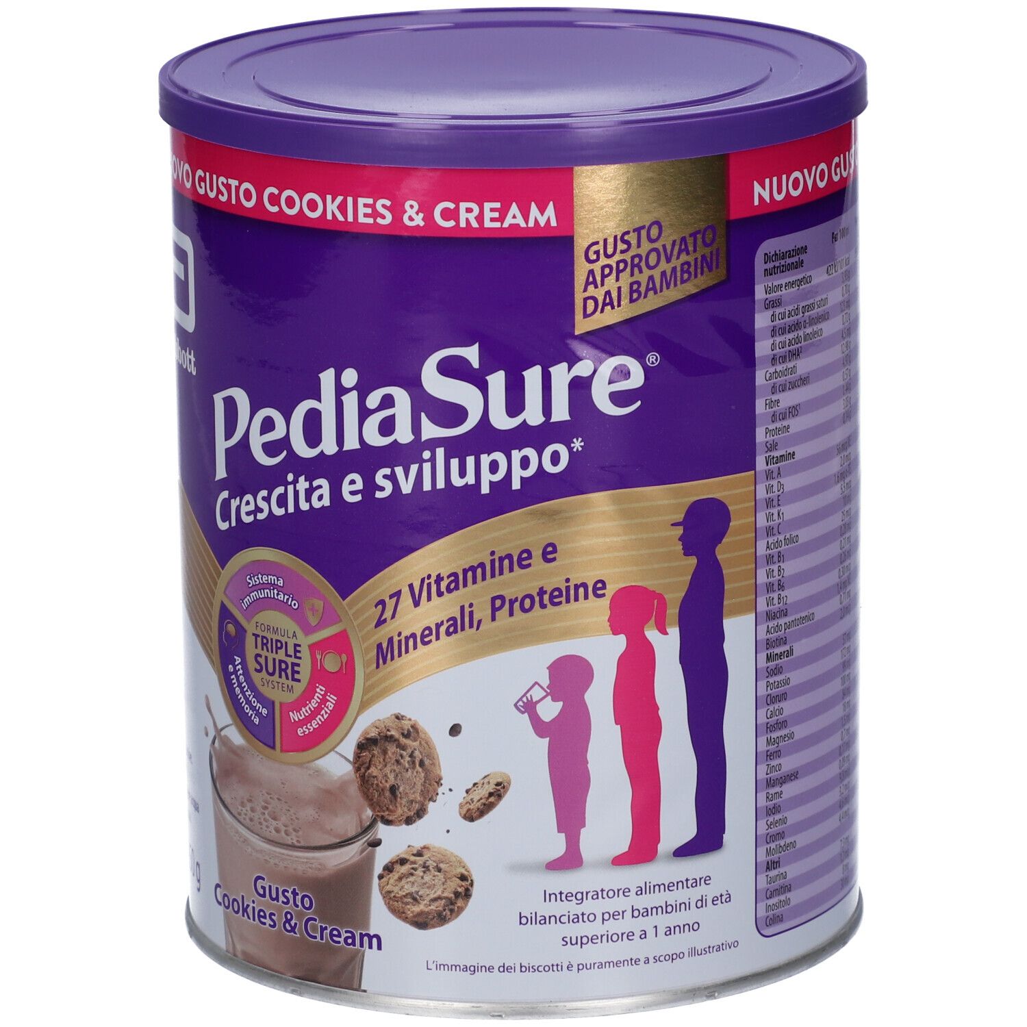 Lattina PediaSure, Cookies & Cream. Contiene 27 vitamine e minerali. Marchio Abbott. 850g.