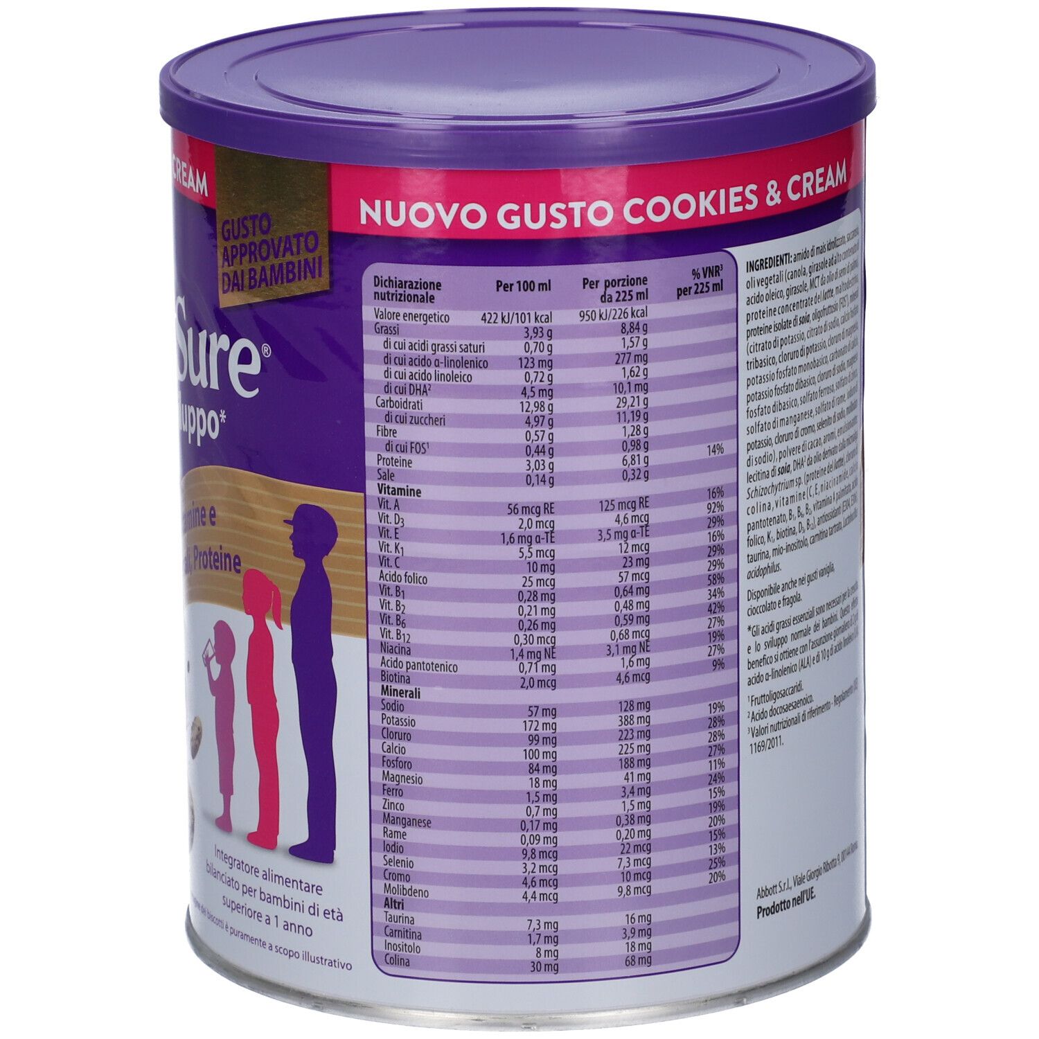 Retro della lattina PediaSure. Valori nutrizionali per porzione e per 100 ml. Marchio Abbott.