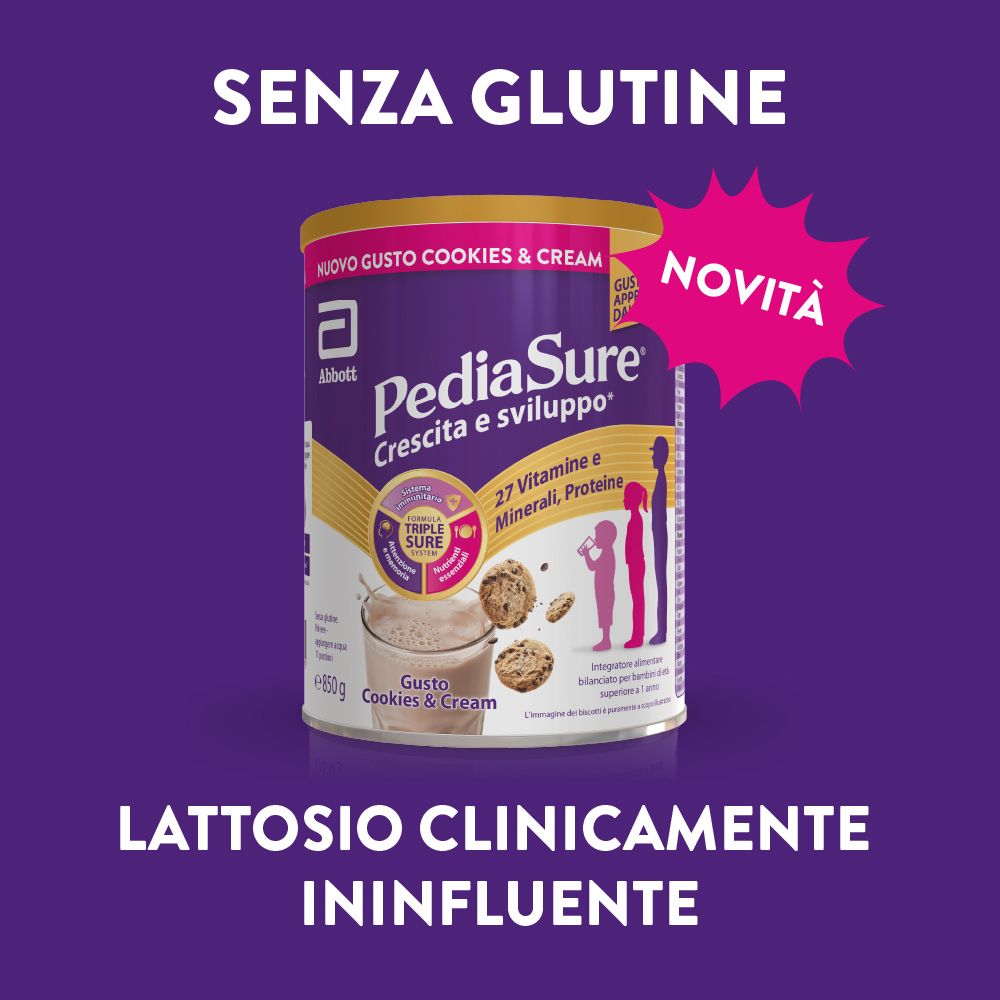Lattina PediaSure, Cookies & Cream. Scritta: Senza glutine. Lattosio clinicamente ininfluente. Novità.