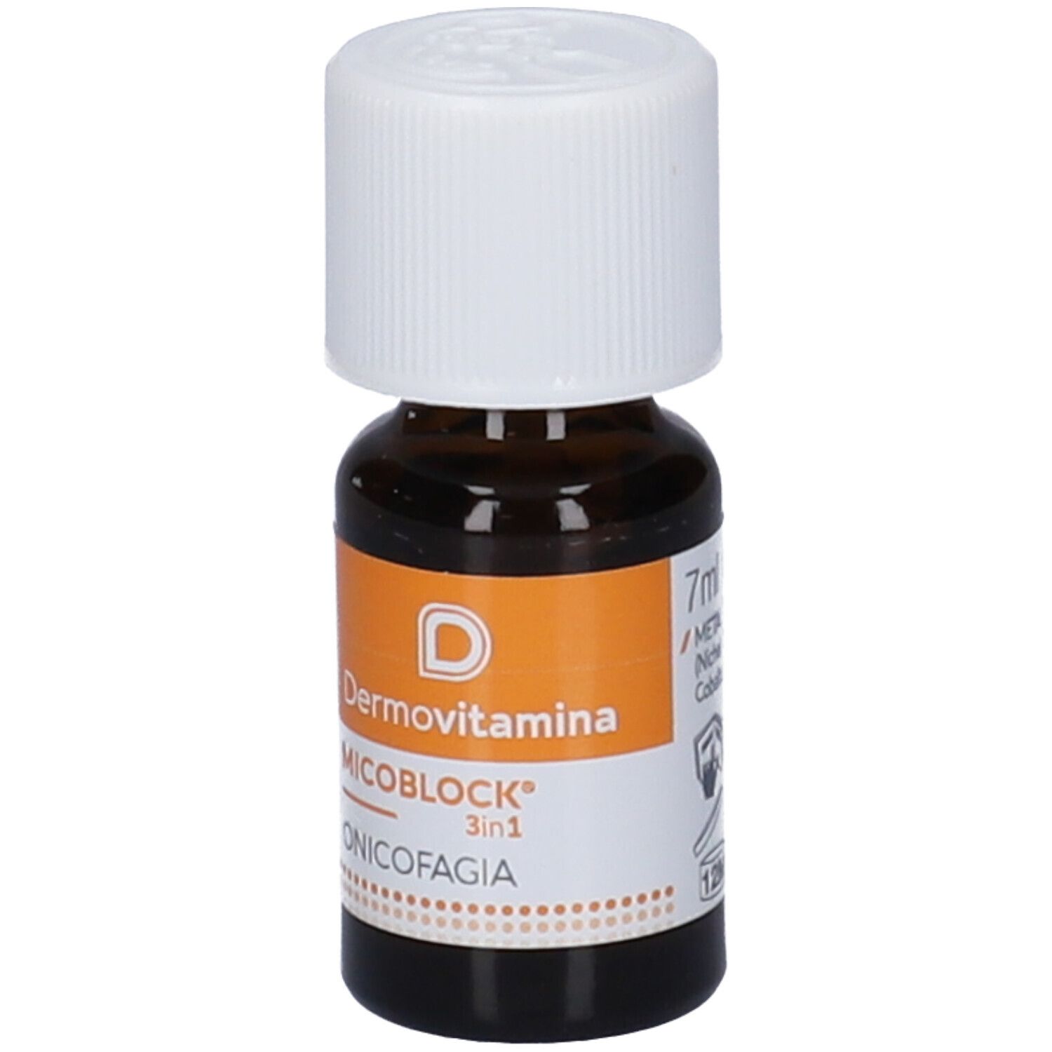 Braune Glasflasche mit weißem Deckel. Etikett mit Produktnamen Dermovitamina Micoblock Onicofagia und 7ml.