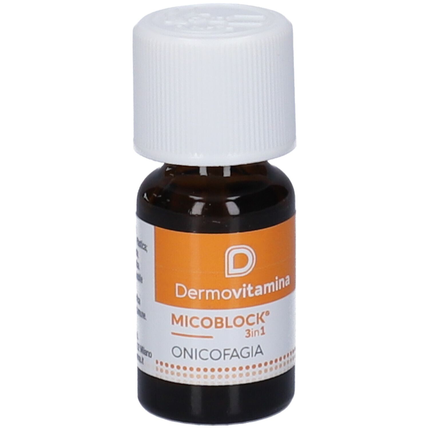 Braune Glasflasche mit weißem Deckel. Etikett mit Produktnamen Dermovitamina Micoblock Onicofagia.