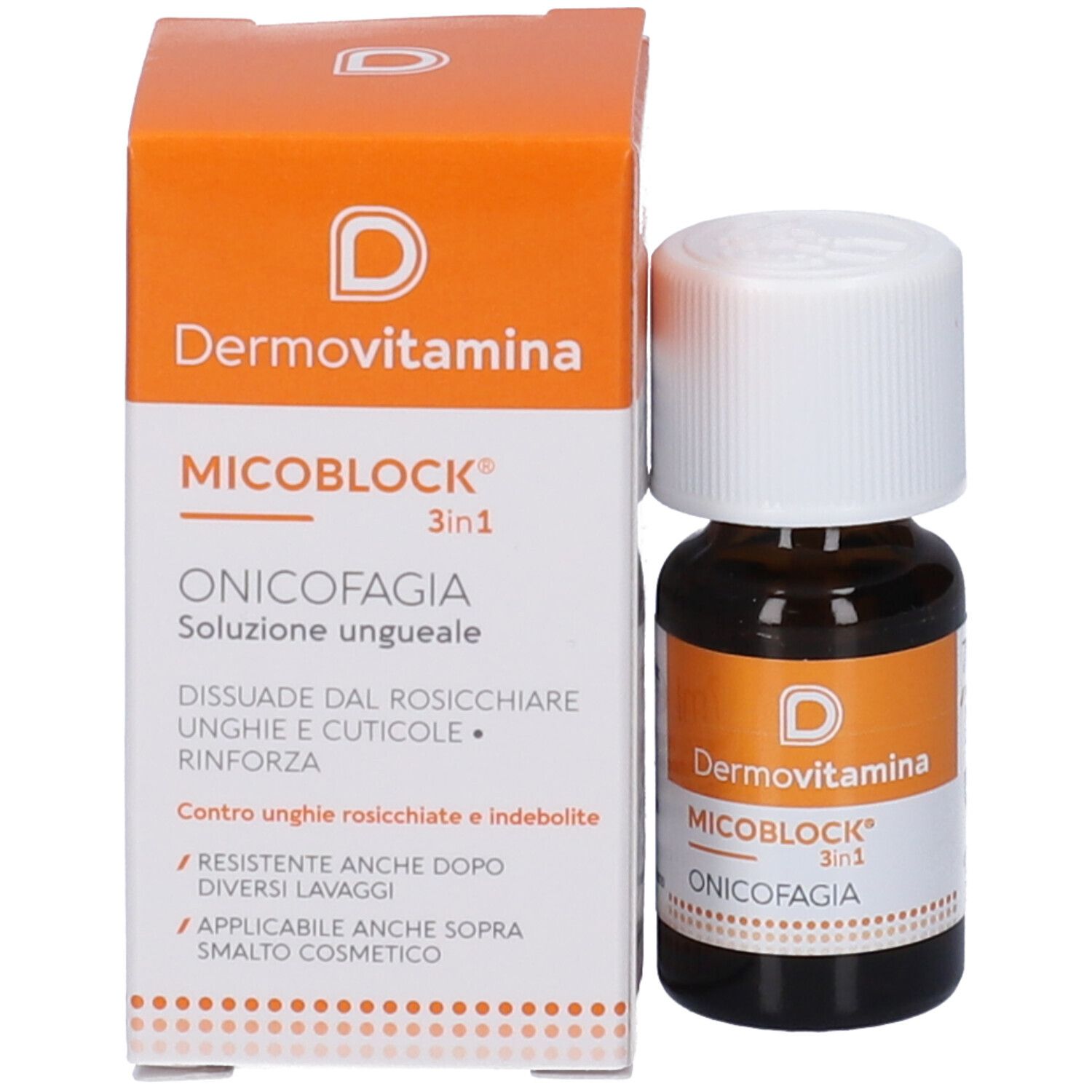 Produktflasche und Verpackung. Verpackung mit Produktnamen Dermovitamina Micoblock Onicofagia und Text.